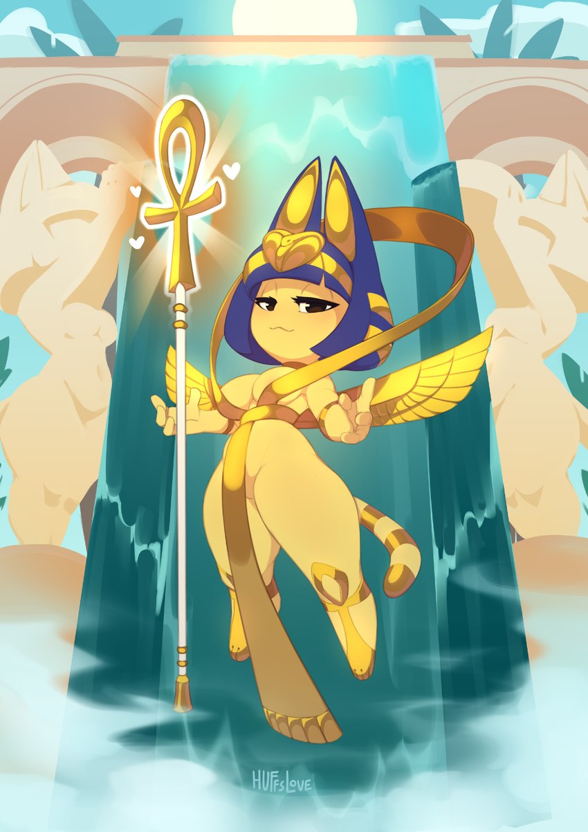 ankh anthro bangs blue_ears blue_hair bob_cut breasts cleavage clothed clothing cosplay egyptian featureless_crotch female fur hair looking_at_viewer outside pelvic_curtain short_stack skimpy small_waist smile smiling_at_viewer solo thick_thighs uraeus water waterfall wide_hips yellow_body yellow_fur yellow_inner_ear huffslove animal_crossing nintendo skullgirls ankha_(animal_crossing) eliza_(skullgirls) domestic_cat felid feline felis mammal 2022 digital_media_(artwork) hi_res