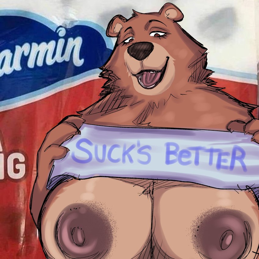 anthro areola bedroom_eyes big_breasts breasts brown_areola brown_nipples female half-closed_eyes huge_breasts humor narrowed_eyes nipples seductive smile smirk smug smug_face solo text tongue tongue_out jui_nichi charmin_bear bear brown_bear grizzly_bear mammal ursine 1:1 english_text hi_res meme