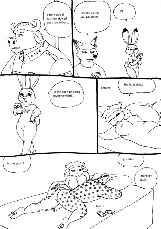 animal_genitalia anthro big_breasts breasts clothing dialogue female genitals group horn male male/female notched_ear penis pseudo-penis speech_bubble text bernielover disney zootopia becca_(bernielover) chief_bogo fan_character judy_hopps melissa_bogo_(bernielover) nick_wilde bovid bovine canid canine cape_buffalo fox hyena lagomorph leporid mammal rabbit red_fox spotted_hyena true_fox 2016 black_and_white comic english_text hi_res monochrome