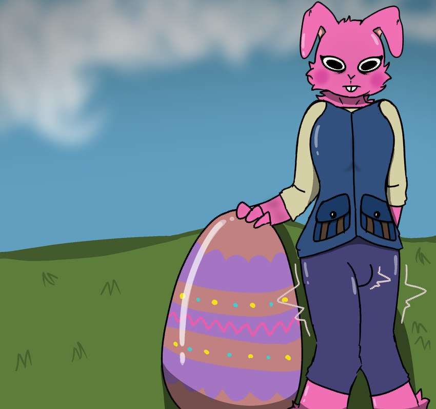 anthro blush buckteeth clothing egg grass herm intersex nervous plant shaky_legs sky solo teeth topwear traumatized vest pastylab mallow_the_rascal_(discord) lagomorph leporid mammal rabbit hi_res