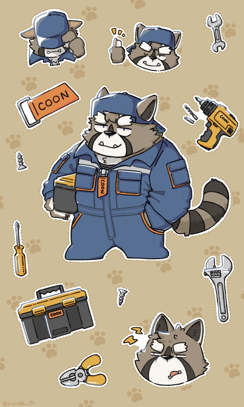 anthro biped clothed clothing cute_fangs fangs gesture grey_body hand_gesture kemono male one_eye_closed simple_background smile solo teeth thumbs_up tools wink jinjin666 mammal procyonid raccoon 2024 3:5 hi_res