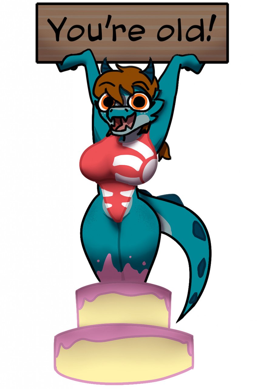 anthro big_breasts biped birthday birthday_cake blue_body blue_horn blue_scales blue_tail breasts brown_hair cake clothing dangs dessert eyelashes female food hair happy holding_object holding_sign horn multicolored_body multicolored_clothing multicolored_scales open_mouth orange_eyes pop_out_cake red_clothing scales sign smile solo spiked_tail spikes spikes_(anatomy) swimwear tail text thick_thighs tongue topwear two_tone_body two_tone_clothing two_tone_scales white_clothing chrismono kobold scalie 2022 english_text hi_res