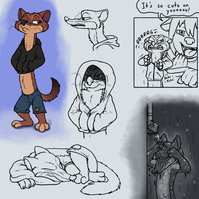 anthro bottomwear brown_body brown_fur clothing flexible fur hoodie male red_eyes shorts simple_background solo topwear that_kei_guy disney zootopia duke_weaselton kei_(that_kei_guy) long-tailed_weasel mammal mustelid musteline true_musteline weasel 1:1 hi_res