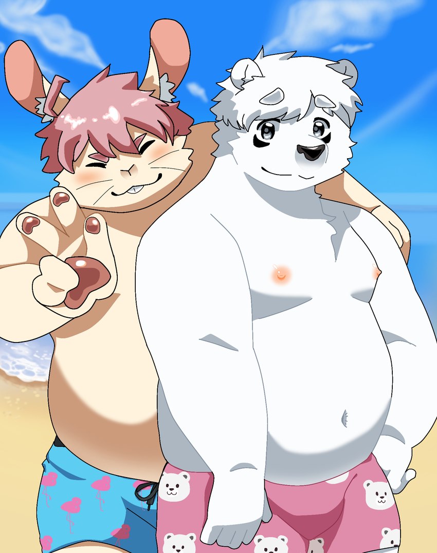 anthro beach belly bulge clothing duo flamingo_pattern fur gesture hair hand_gesture hand_on_shoulder male male/male moobs navel nipples overweight overweight_anthro overweight_male pattern_clothing pawpads pink_hair pink_pawpads sand sea summer v_sign water white_body white_fur white_hair cocobucker echo_(calahootheyeen) joshie_(calahootheyeen) bear lagomorph leporid mammal polar_bear rabbit ursine hi_res