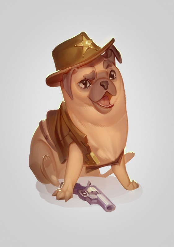 ambiguous_gender clothing eyebrows feral gun handgun hat headgear headwear looking_at_viewer open_mouth raised_eyebrow ranged_weapon revolver sheriff_badge simple_background solo tongue tongue_out weapon white_background crimsonlure canid canine canis domestic_dog mammal molosser pug small_molosser toy_dog 2018 absurd_res hi_res