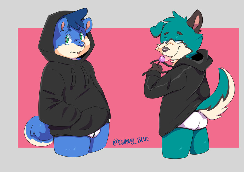 anthro black_clothing black_hoodie black_topwear briefs bulge candy clothing dessert drawyourfursona duo food hoodie hoodie/briefs_meme licking lollipop male simple_background standing tongue tongue_out topwear underwear white_clothing white_underwear chubby_blue meme_clothing canid canine canis domestic_dog mammal absurd_res hi_res meme