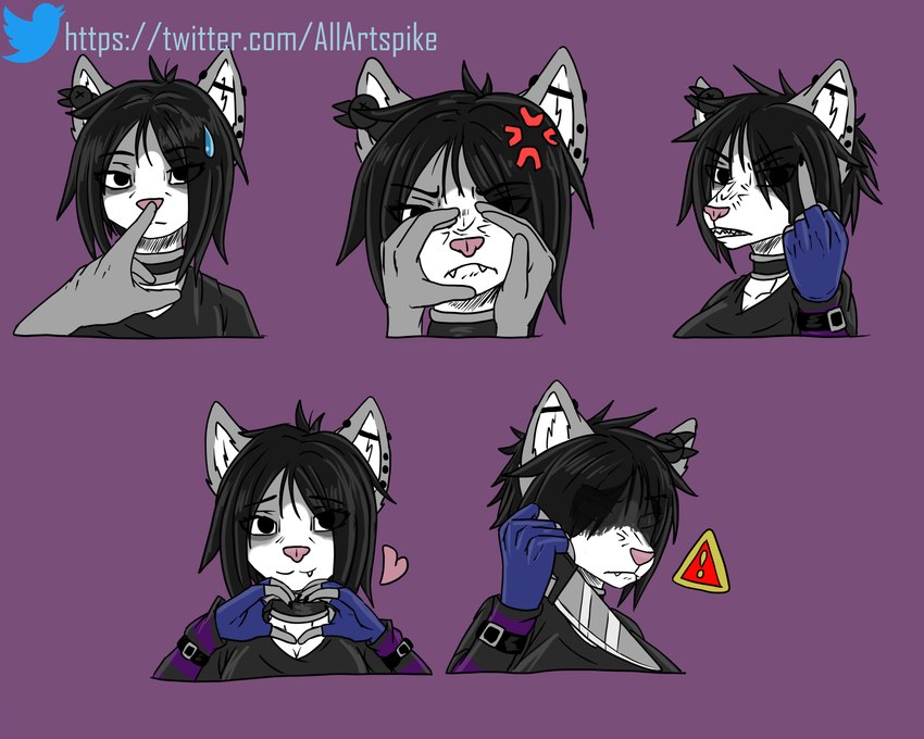 angry black_eyes black_hair ear_piercing female fur grey_body grey_fur hair industrial_piercing knife piercing solo white_body white_fur spike_the_furry evelyne_(spikethefurry) domestic_cat felid feline felis mammal 5:4 hi_res