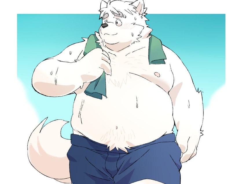 anthro belly bodily_fluids bottomwear clothing kemono male moobs navel nipples overweight overweight_male shorts simple_background solo sweat towel towel_around_neck walking inunoshippo canid canine canis domestic_dog mammal 2024 4:3 hi_res