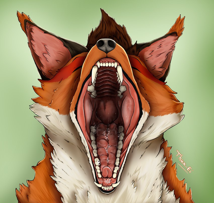 anthro bodily_fluids brown_hair drooling drooling_tongue ears_up eyes_closed fangs fluffy_ears gaping_mouth green_background green_eyes hair male mouth_shot open_mouth realistic_anatomy red_body saliva saliva_on_tongue sharp_teeth simple_background solo teeth teeth_showing throat tongue thux-ei canid canine fox mammal red_fox true_fox absurd_res digital_media_(artwork) hi_res portrait