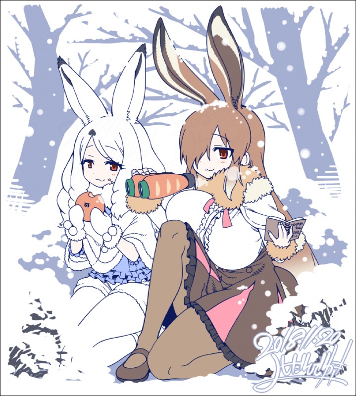 :3 big_breasts big_ears binoculars blush book border bottomwear breasts brown_eyes brown_hair carrot clothed clothing dipstick_ears duo ear_markings female food footwear gloves gradient_hair hair hair_over_eye handwear holding_object japari_bun legwear long_hair meat_bun multicolored_ears multicolored_hair one_eye_obstructed plant poncho shirt skirt snow tights topwear transparent_border vegetable white_hair winter yoshida_hideyuki kemono_friends arctic_hare_(kemono_friends) european_hare_(kemono_friends) animal_humanoid hare_humanoid humanoid lagomorph lagomorph_humanoid leporid_humanoid mammal mammal_humanoid 2018 alpha_channel signature watermark