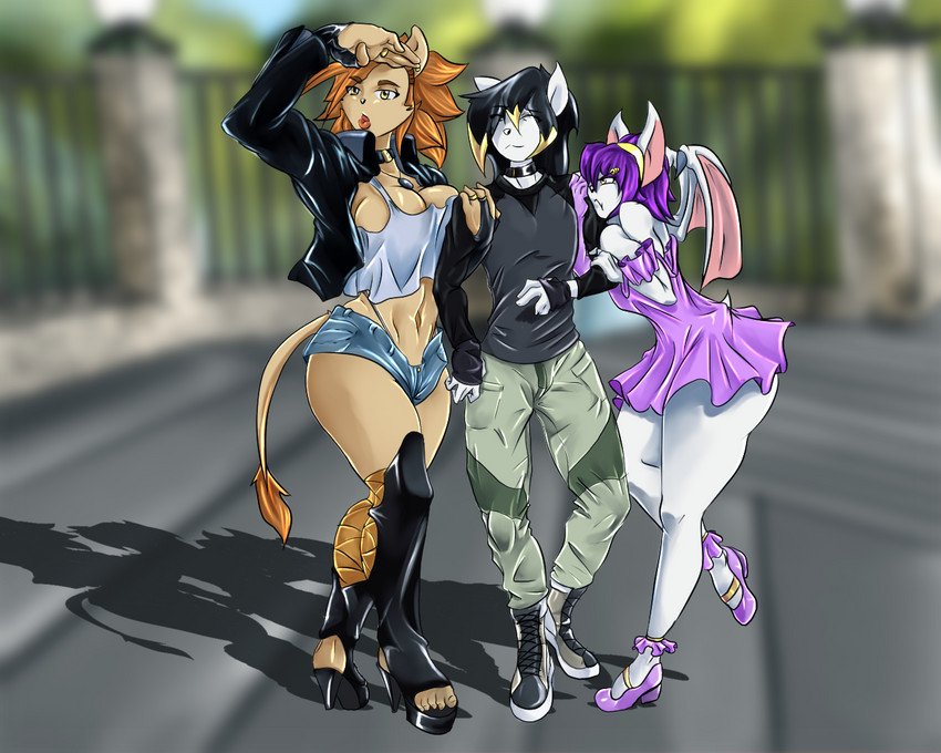 anthro big_breasts bottomwear breast_size_difference breasts cleavage clothed clothing collar female footwear group high_heels male male/female outside panties shoes shorts underwear broxoles bat felid lion mammal pantherine 5:4