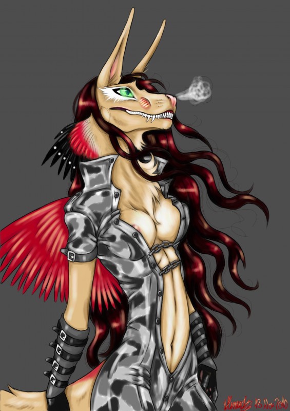 anthro breasts chain clothing costume fangs feathers female fluffy green_eyes non-mammal_breasts sharp_teeth simple_background solo tail teeth shikoyote raphian shiko dinosaur feathered_dinosaur feathered_scalie hybrid mammal prehistoric_species reptile scalie theropod unknown_species absurd_res hi_res source_request