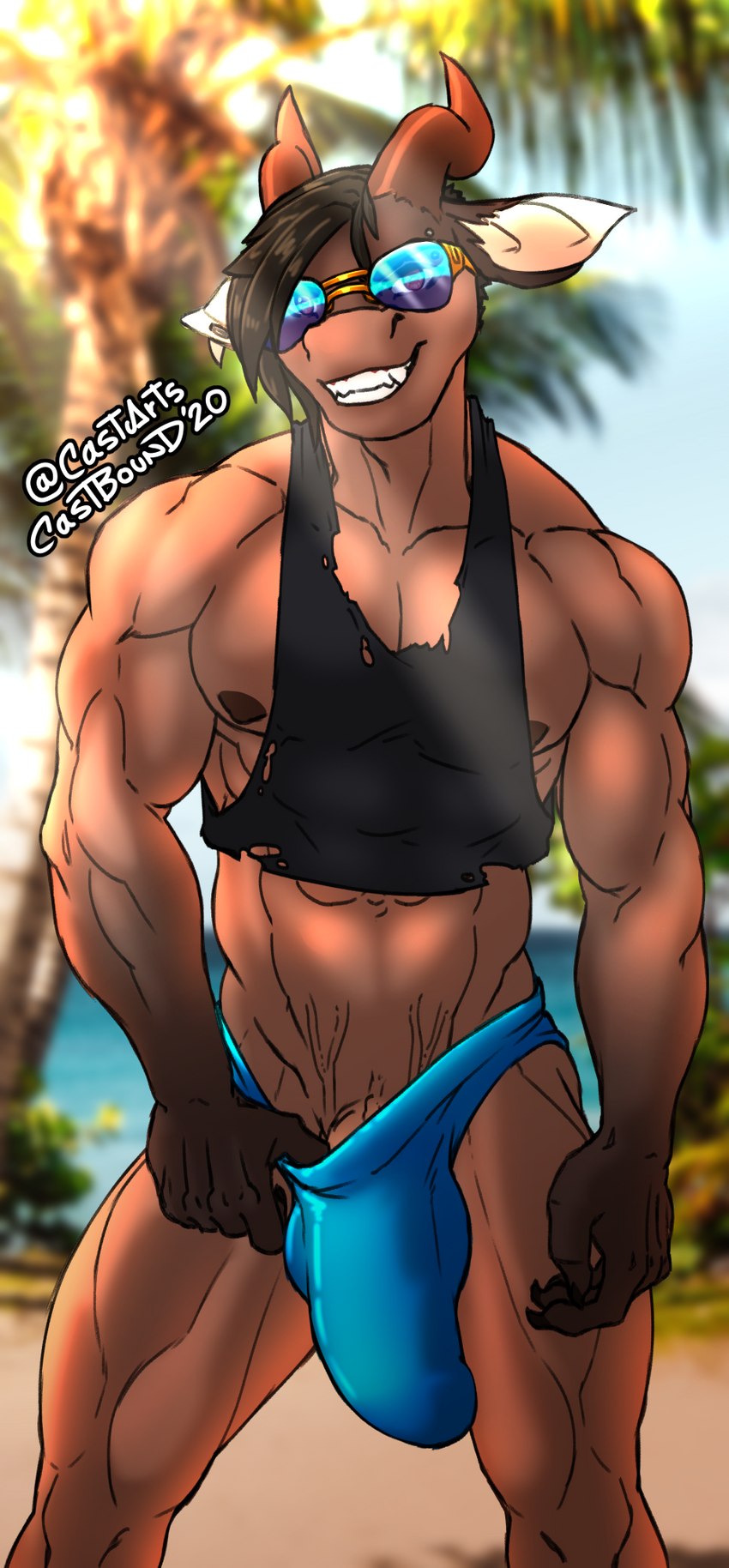 abs anthro beach biceps big_bulge brown_hair bulge clothed clothing detailed_background detailed_bulge eyewear genital_outline genitals glasses hair horn looking_at_viewer male muscular muscular_anthro muscular_male muscular_thighs partially_clothed penis penis_base penis_outline seaside shirt solo standing tank_top topwear torn_clothing underwear underwear_down castbound relius demon hi_res