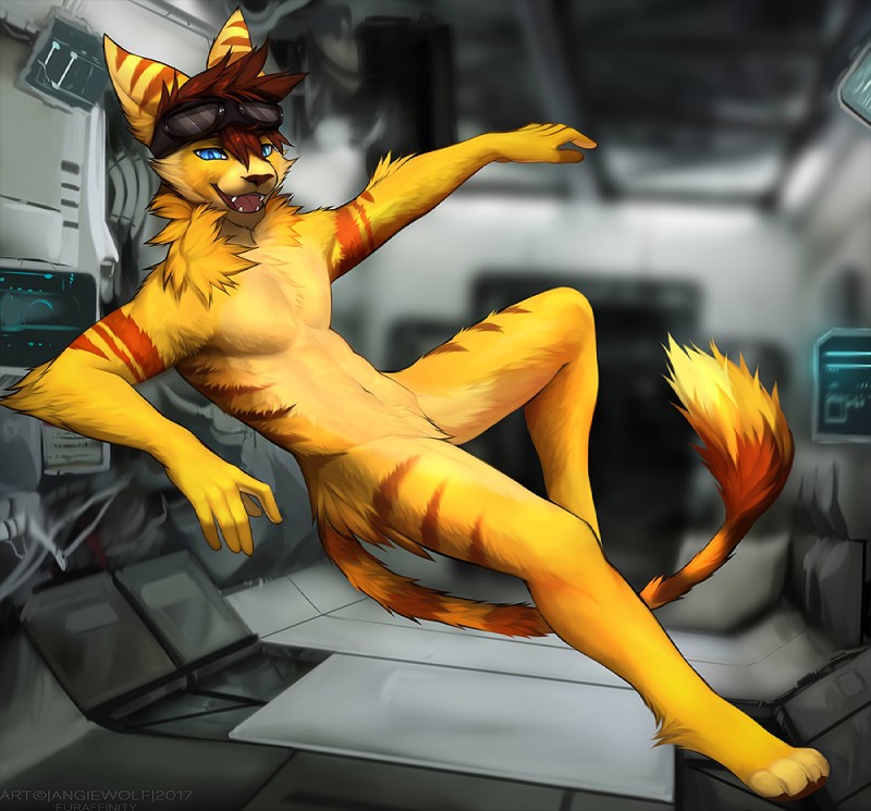 5_fingers anthro blue_eyes brown_hair detailed_background eyewear featureless_crotch fingers fur goggles hair male nude open_mouth smile solo stripes teeth tongue yellow_body yellow_fur angiewolf ratchet_and_clank sony_corporation sony_interactive_entertainment butters lombax mammal 2017 digital_media_(artwork)