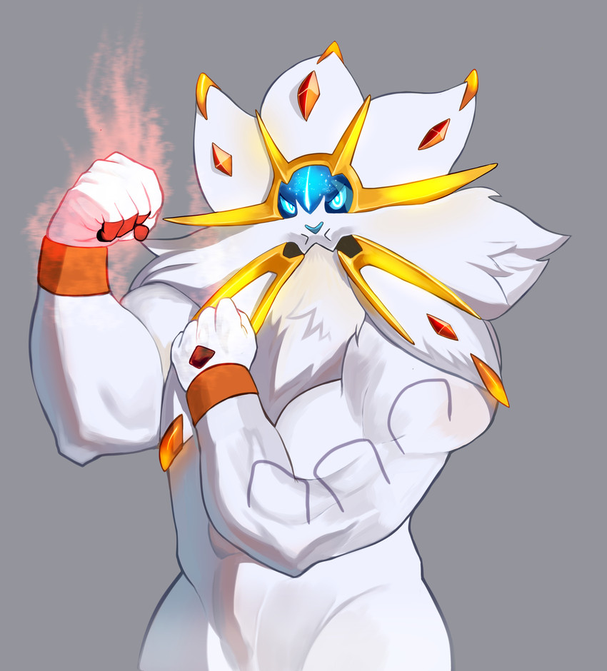 5_fingers anthro anthrofied biceps fingers flexing fur grey_background looking_at_viewer male mane pokemorph simple_background solo white_body white_fur white_mane ryulabo soonico nintendo pokemon generation_7_pokemon legendary_pokemon pokemon_(species) solgaleo absurd_res hi_res