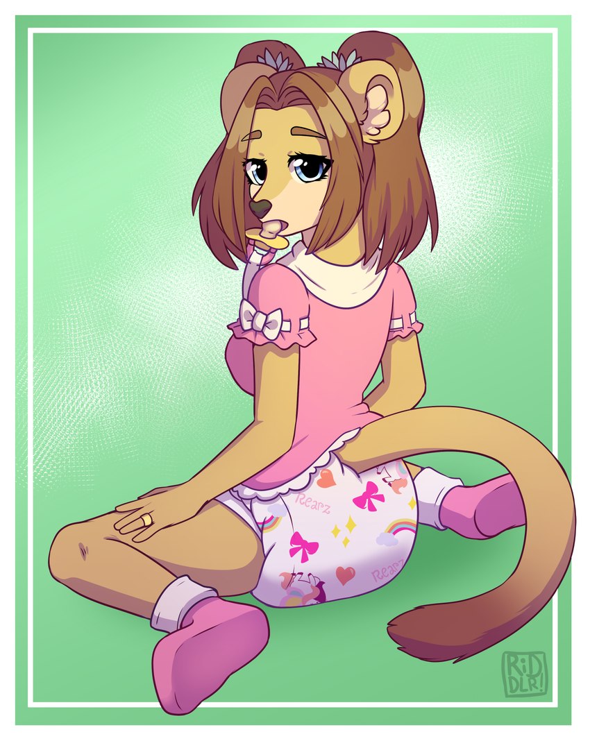 abdl ageplay anthro blue_eyes brown_hair clothed clothing diaper female fur glistening glistening_eyes hair infantilism looking_at_viewer object_in_mouth open_mouth pacifier pacifier_in_mouth pattern_diaper pink_clothing pink_topwear roleplay simple_background sitting solo tail tan_body tan_fur topwear wearing_diaper white_diaper riddlr rearz rachael_doebele felid lion mammal pantherine 2021 hi_res