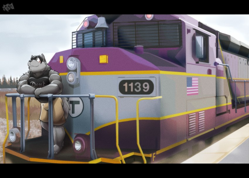 american_flag anthro bell bottomwear clothing detailed_background diesel-electric_locomotive diesel_locomotive emd_gp40 fur grey_body grey_fur leaning_on_railing locomotive male muscular shirt shorts solo tank_top topwear train united_states_of_america vehicle resondog mbta jake_(jakewolf00) canid canine canis mammal wolf absurd_res hi_res