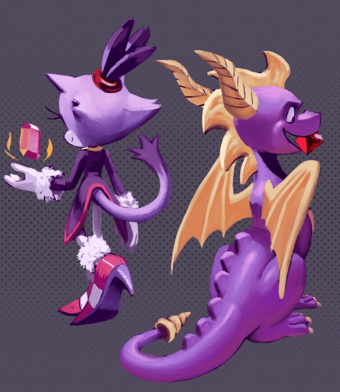 anthro clothing dipstick_tail duo female fur gem gloves handwear male markings membrane_(anatomy) membranous_wings multicolored_tail purple_body purple_fur purple_tail_tip tail tail_markings wings knockabiller activision mythology sega sonic_the_hedgehog_(series) spyro_the_dragon blaze_the_cat spyro dragon felid feline mammal mythological_creature mythological_scalie scalie crossover hi_res