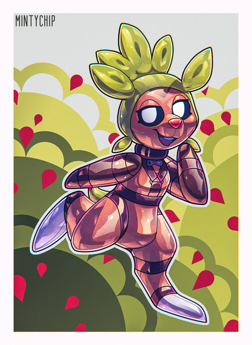 abstract_background ambiguous_gender anthro brown_body claws collar featureless_chest featureless_crotch featureless_hands glistening glistening_body glistening_latex green_hair hair infinity_symbol latex latex_body open_mouth open_smile permanent_transformation plant plant_hair prancing pseudo_hair red_nose small_tail smile solo symbol tail toe_claws white_eyes mintychipart nintendo pokemon chespin eulipotyphlan generation_6_pokemon hedgehog mammal pokemon_(species) 2025 digital_drawing_(artwork) digital_media_(artwork) hi_res krita_(artwork) shaded