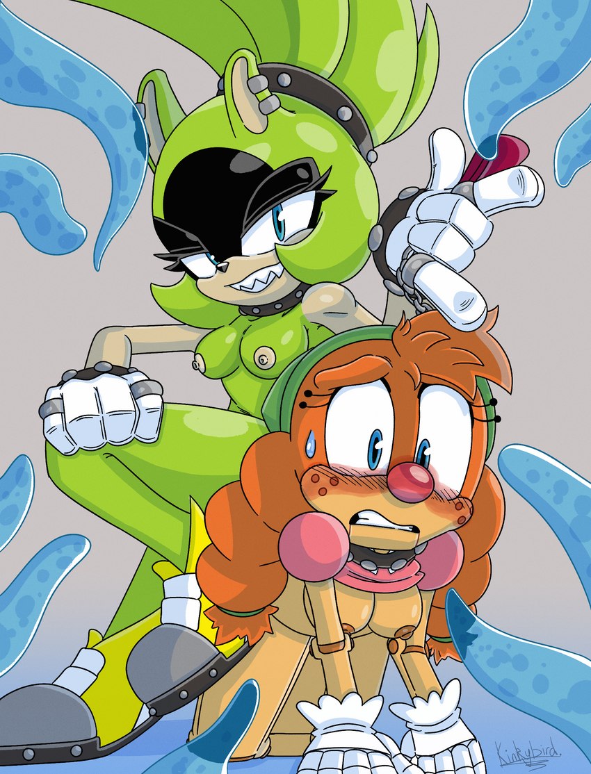 all_fours anthro blush breasts clothing collar duo ear_piercing female female/female footwear gloves grimace grin handwear leash machine nude piercing sharp_teeth shoes simple_background sitting smile teeth tentacles kinkybird idw_publishing sega sonic_the_hedgehog_(comics) sonic_the_hedgehog_(idw) sonic_the_hedgehog_(series) belle_the_tinkerer surge_the_tenrec afrosoricid badnik humanoid mammal robot robot_humanoid tenrec hi_res