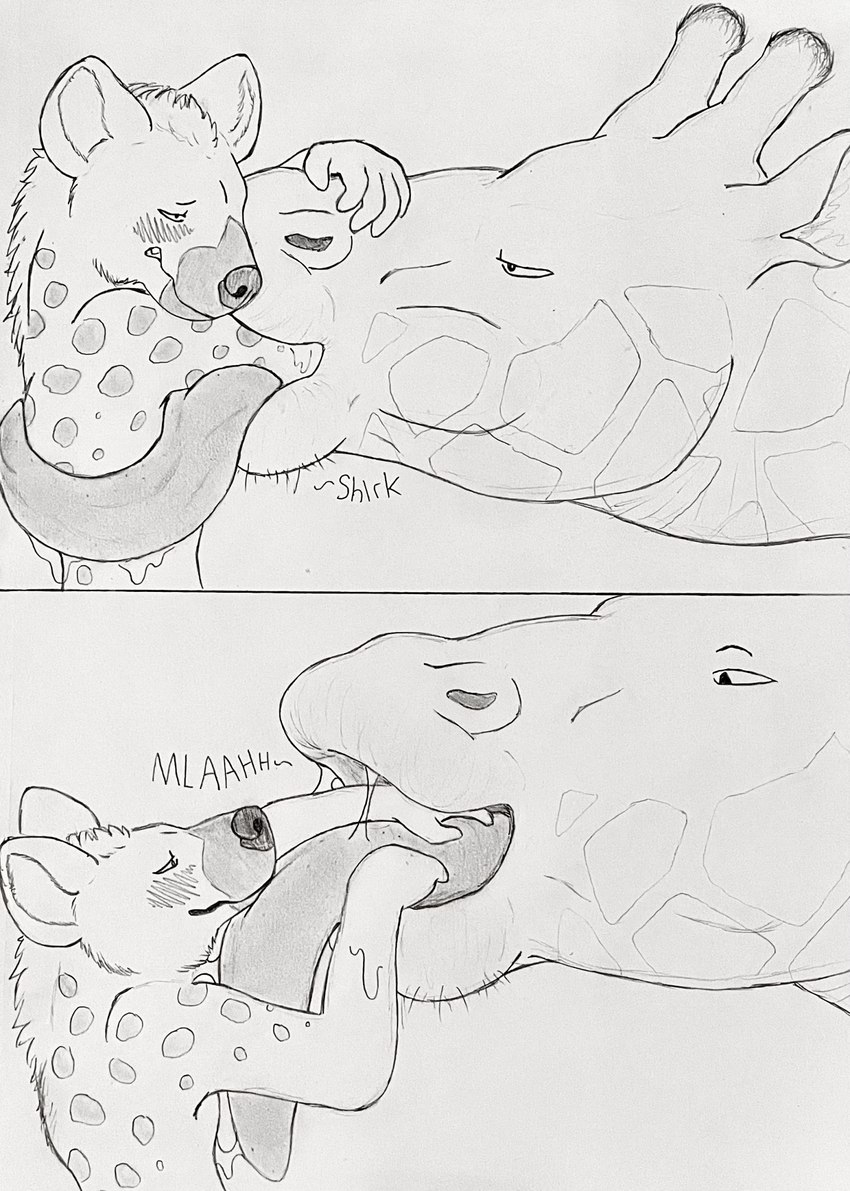 anthro blush bodily_fluids drooling duo eye_contact feral hand_on_tongue licking lips looking_at_another male male/male mawplay on_tongue oral_vore partially_inside prehensile_tongue saliva size_difference soft_vore sucking text tongue tongue_out tongue_wrap tongueplay vore hgythshs giraffe giraffid hyena mammal spotted_hyena hi_res sketch traditional_media_(artwork)