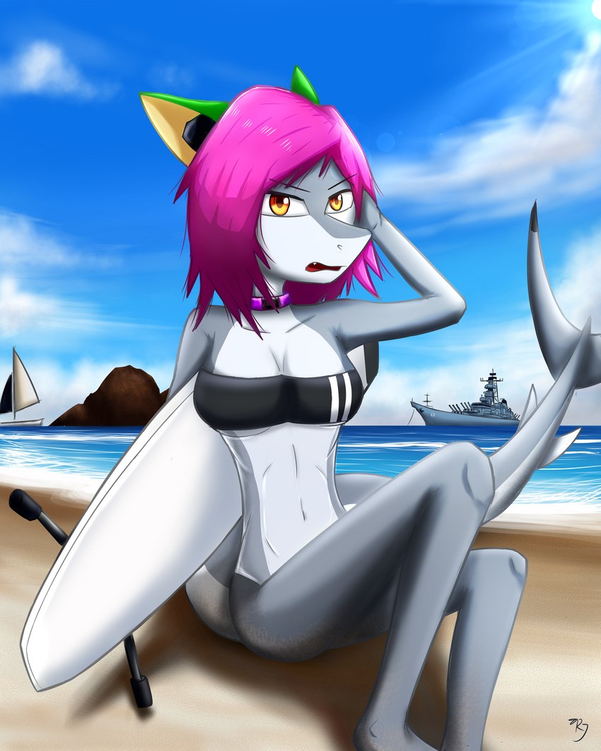 annoyed anthro battleship beach bikini board boat bottomwear breasts clothed clothing cloud coastline collar cruise_ship cruiser day detailed_background distance expressions female green_ears hair ironing_board light looking_at_viewer medium_breasts merchant_ship military navel navy one-piece_swimsuit open_mouth orange_eyes outside partially_clothed passenger_ship pink_collar pink_hair raised_tail rock sailing_boat sailing_watercraft sand scenery sea seaside shadow ship short_hair simple_background sitting sky soft_shade solo summer sun sunlight surfboard swimwear tail teeth tongue touching_hair two-piece_swimsuit underwear vehicle warship water watercraft wave railjet u.s._navy uss_missouri alice_(railjet) fish great_white_shark mackerel_shark marine shark white_shark 4:5 absurd_res digital_media_(artwork) hi_res shaded soft_shading