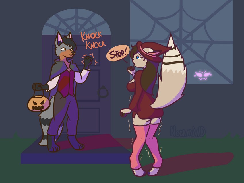 anthro bottomwear clothing duo female hat haunted_house headgear headwear holidays legwear male miniskirt scared simple_background skirt stockings vampire_costume witch_costume witch_hat nokamiwd halloween bam_(khainethewolf) khaine_(khainethewolf) 4:3 digital_media_(artwork) hi_res