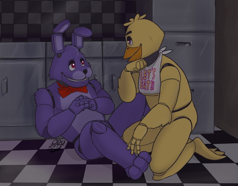 anthro bow_(feature) bow_tie duo female machine male odu five_nights_at_freddy's scottgames bonnie_(fnaf) chica_(fnaf) animatronic avian bird chicken galliform gallus_(genus) lagomorph leporid mammal phasianid rabbit robot hi_res