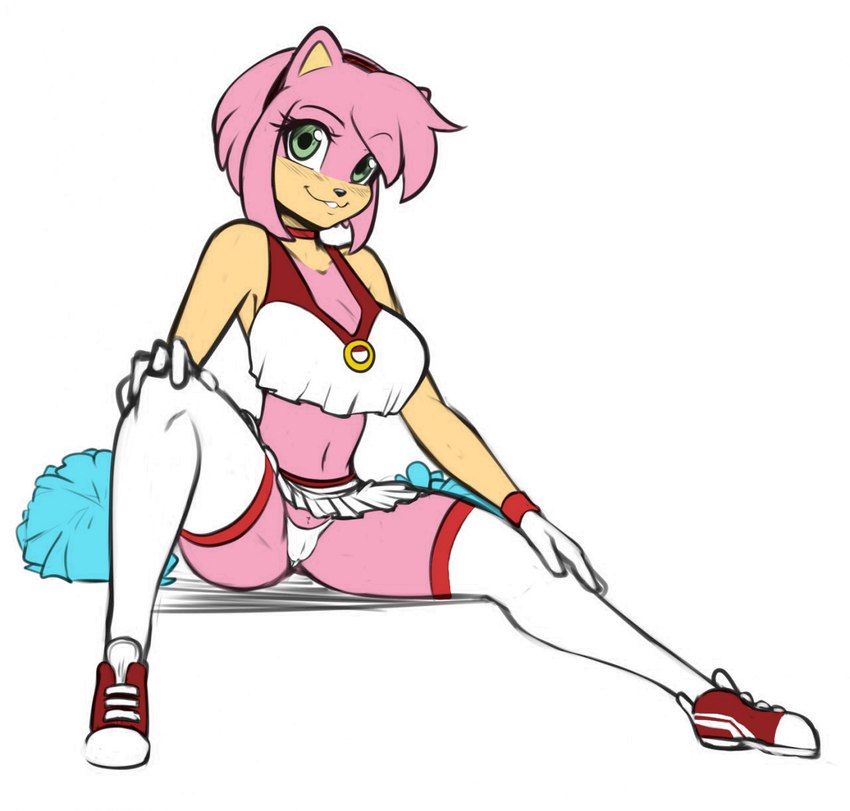 accessory bottomwear breasts camel_toe cheerleader choker cleavage clothed clothing female footwear gloves green_eyes handwear headband jewelry legwear looking_at_viewer midriff navel necklace pink_body shoes sitting skirt smile solo spread_legs spreading stockings upskirt scorpdk third-party_edit sega sonic_the_hedgehog_(series) amy_rose eulipotyphlan hedgehog mammal hi_res