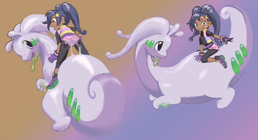 ambiguous_gender anthro butt clothed clothing duo female riding slime tail wet wet_clothing young dokudrinker new_pokemon_snap nintendo pokemon rita_(pokemon_snap) generation_6_pokemon goodra human mammal pokemon_(species) digital_drawing_(artwork) digital_media_(artwork) hi_res