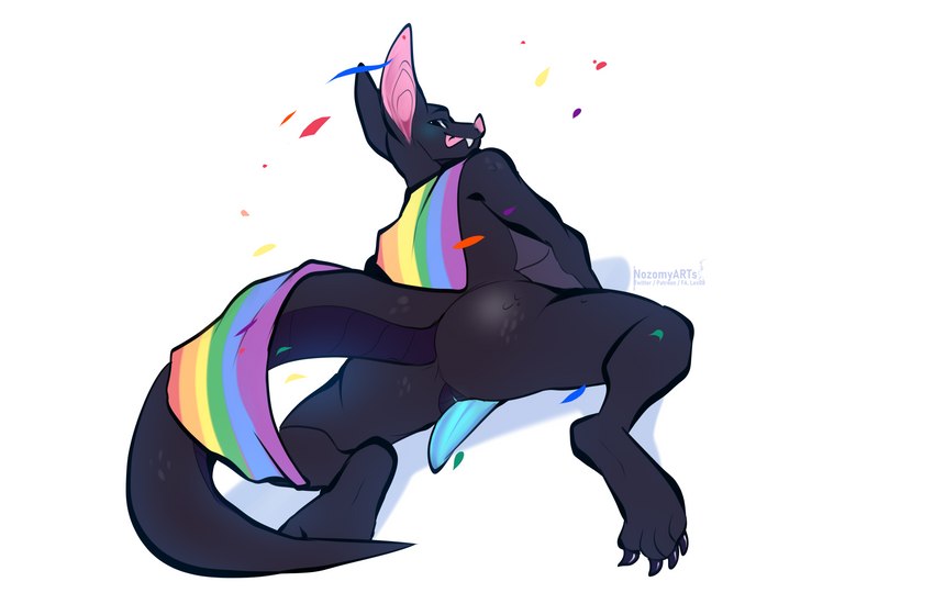 anthro big_ears black_body black_scales butt butt_focus cape clothing feet genitals intersex lgbt_pride maleherm multicolored_cape multicolored_clothing penis pride_color_cape pride_color_clothing pride_colors rainbow_pride_colors scales sharp_teeth six-stripe_rainbow_pride_colors solo tapering_penis teeth winged_arms wings nozomyarts marsbat bat mammal absurd_res hi_res