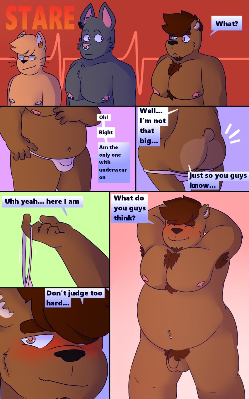 anthro asking asking_another asking_for_opinion asking_what balls base_three_layout beard big_butt blockage_(layout) blush brown_body brown_fur butt clothing command describing_genitalia describing_penis describing_self describing_size dialogue facial_hair fur genitals grey_body grey_fur group hair heterochromia horizontal_blockage horizontal_staggering humanoid_genitalia humanoid_penis linked_speech_bubble looking_at_viewer male male/male mature_anthro mature_male moobs muscular muscular_male nipples nude onomatopoeia open_mouth overweight overweight_male penis piercing polygonal_speech_bubble question signal_line simple_background six_frame_image smile sound_effects speech_bubble staggering_(layout) stare_(sound_effect) text tongue topwear trio vertical_blockage sleepywozzy juno_(sleepywozzy) klenn_(sleepywozzy) matt_(sleepywozzy) bear domestic_cat felid feline felis hybrid mammal 5:8 comic digital_media_(artwork) english_text hi_res