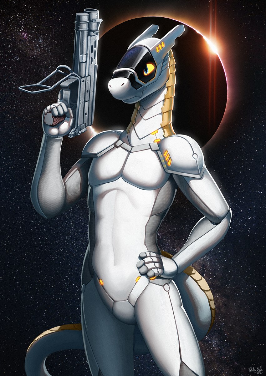 anthro cosmic_background featureless_crotch gun hand_on_hip holding_object holding_weapon looking_away machine male nude nude_anthro nude_male ranged_weapon shotgun solo space space_background standing tail weapon azsola half-life half-life_alyx valve synti android robot synth_(vader-san) 2023 hi_res