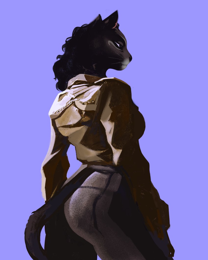 anthro black_body black_fur black_hair black_nose bottomwear breasts butt clothed clothing female fur hair melanistic pants purple_background rear_view shadow simple_background solo topwear whiskers hriscia felid mammal pantherine absurd_res digital_media_(artwork) hi_res shaded