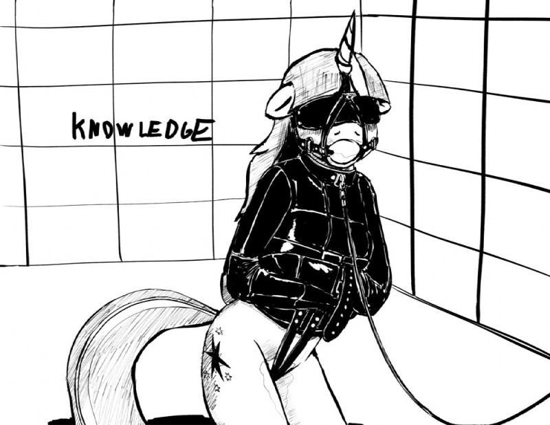 anthro ball_gag bdsm blindfold bodily_fluids bondage bottomless bound clothed clothing collar crotch_strap cum female gag genital_fluids horn horn_jewelry horn_ring jewelry latex leash restraints ring_(jewelry) solo straitjacket submissive submissive_female warskunk_(artist) friendship_is_magic hasbro my_little_pony mythology twilight_sparkle_(mlp) equid equine mammal mythological_creature mythological_equine unicorn monochrome