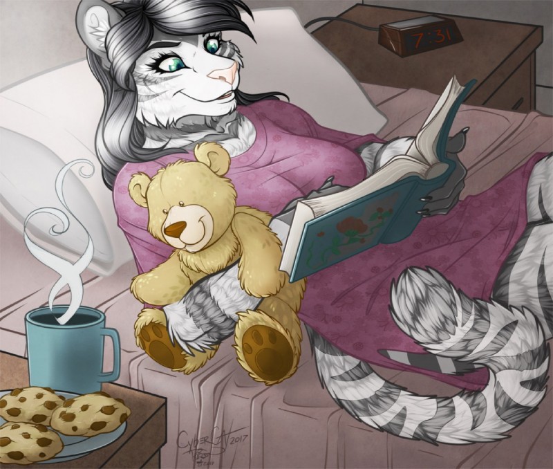 alarm_clock anthro bed beverage black_body black_fur black_hair book breasts clock clothing coffee cookie female food fur furniture green_eyes hair long_hair lying on_back plushie solo stripes teddy_bear white_body white_fur cybercat jasmine_miller felid mammal pantherine siberian_tiger tiger 2017