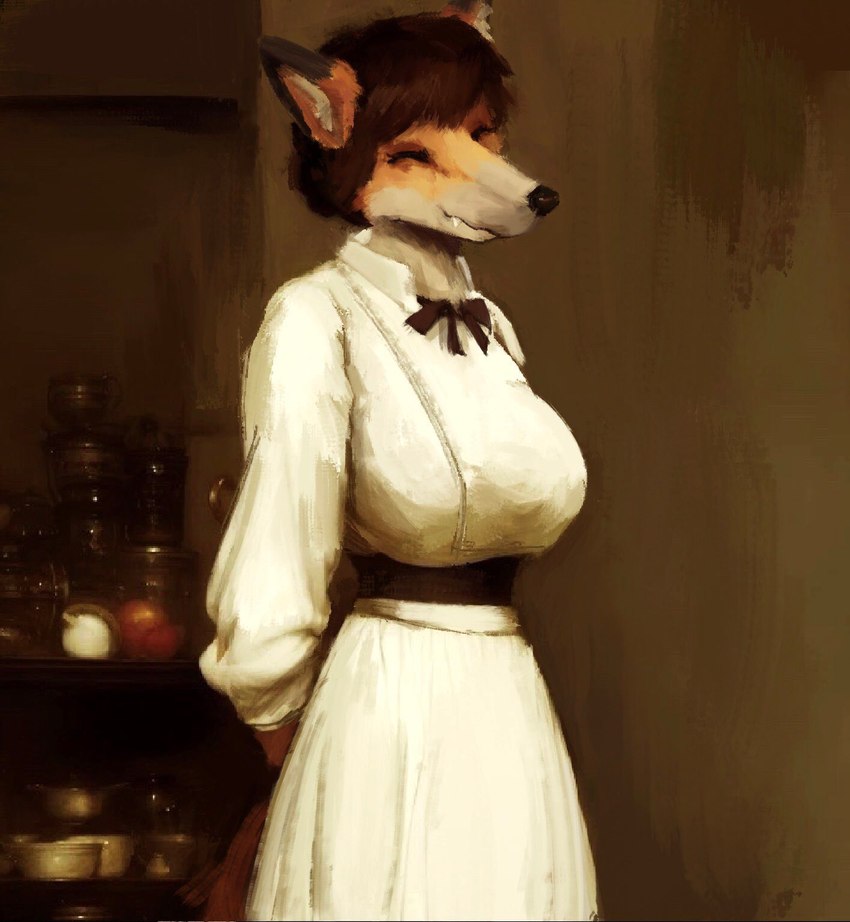 anthro belt big_breasts bow_tie breasts clothed clothing dress fangs female fur hair long_dress modest smile solo teeth anon2000000 canid canine canis fox mammal red_fox true_fox hi_res