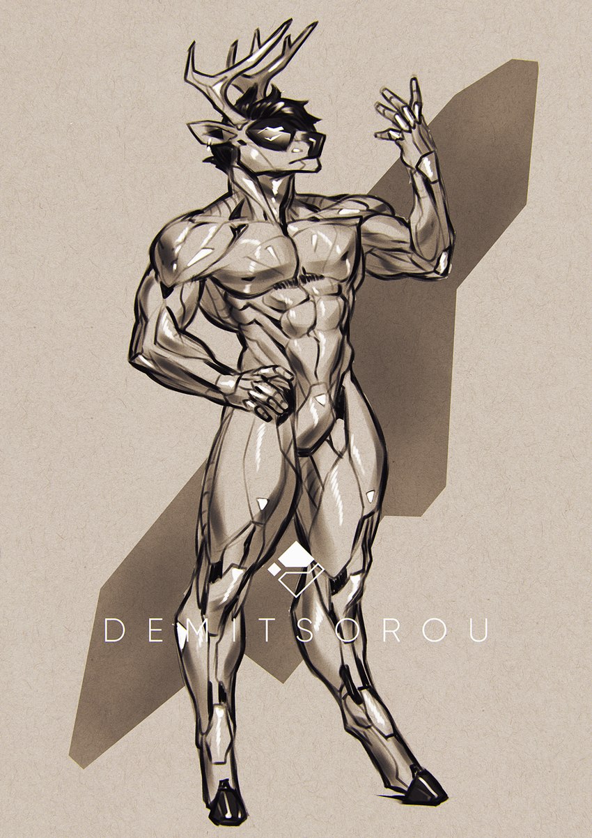 anthro antlers digitigrade featureless_crotch glistening glistening_body hand_on_hip hooved_digitigrade hooved_toes hooves horn machine male nude simple_background solo standing demitsorou android deer mammal robot 2021 hi_res monochrome