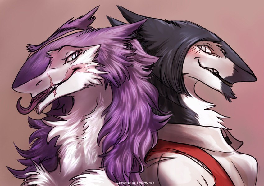 back_to_back blush clothing duo fur looking_at_viewer smile teeth tongue tongue_out lynxwolf sergal