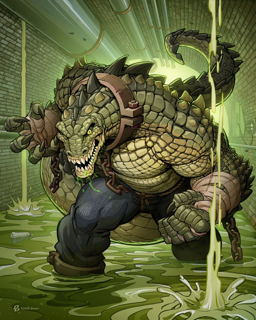 angry anthro bodily_fluids bottomwear chain clothing collar cuff_(restraint) male restraints saliva sewer shackles solo text patrick_brown batman_(series) dc_comics suicide_squad killer_croc crocodilian reptile scalie sewer_monster 4:5 absurd_res english_text hi_res