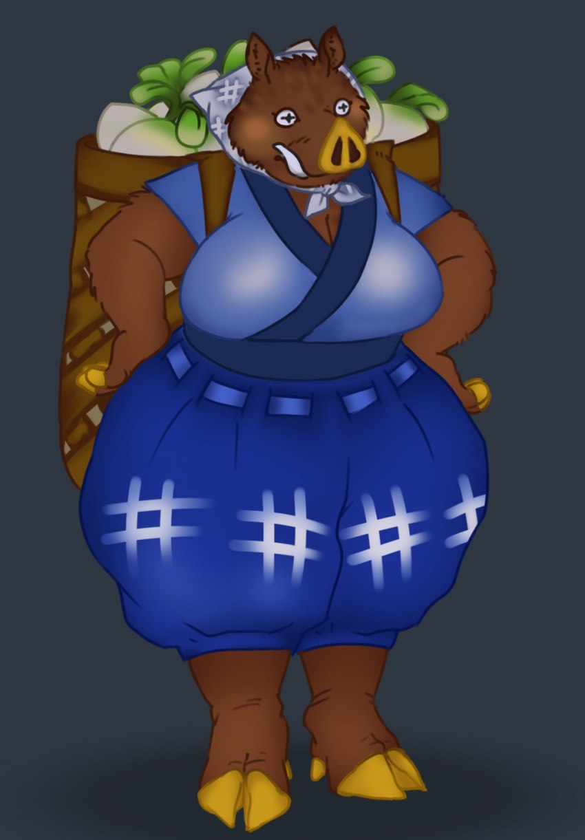 anthro brown_body brown_fur clothed clothing elderly elderly_female female food fur hands_on_hips hooves kerchief mature_anthro mature_female plant solo turnip vegetable deermary animal_crossing nintendo sow_joan mammal suid suine sus_(pig) wild_boar hi_res