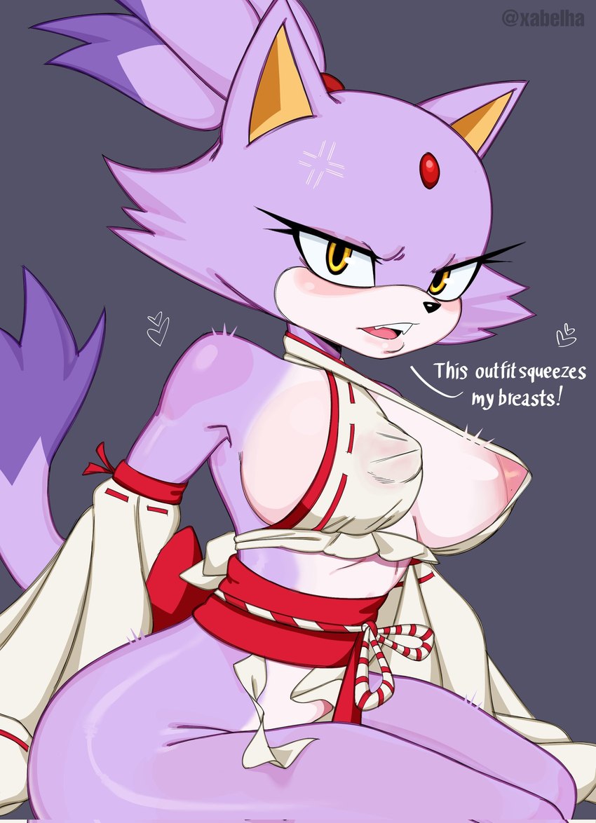 annoyed anthro asian_clothing big_breasts breasts clothed clothing dialogue dipstick_tail east_asian_clothing female forehead_gem gem japanese_clothing looking_at_viewer markings miko_outfit nipples partially_clothed partially_clothed_anthro partially_clothed_female purple_body side_boob solo tail tail_markings talking_to_viewer topwear yellow_eyes xabelha sega sonic_the_hedgehog_(series) blaze_the_cat domestic_cat felid feline felis mammal hi_res