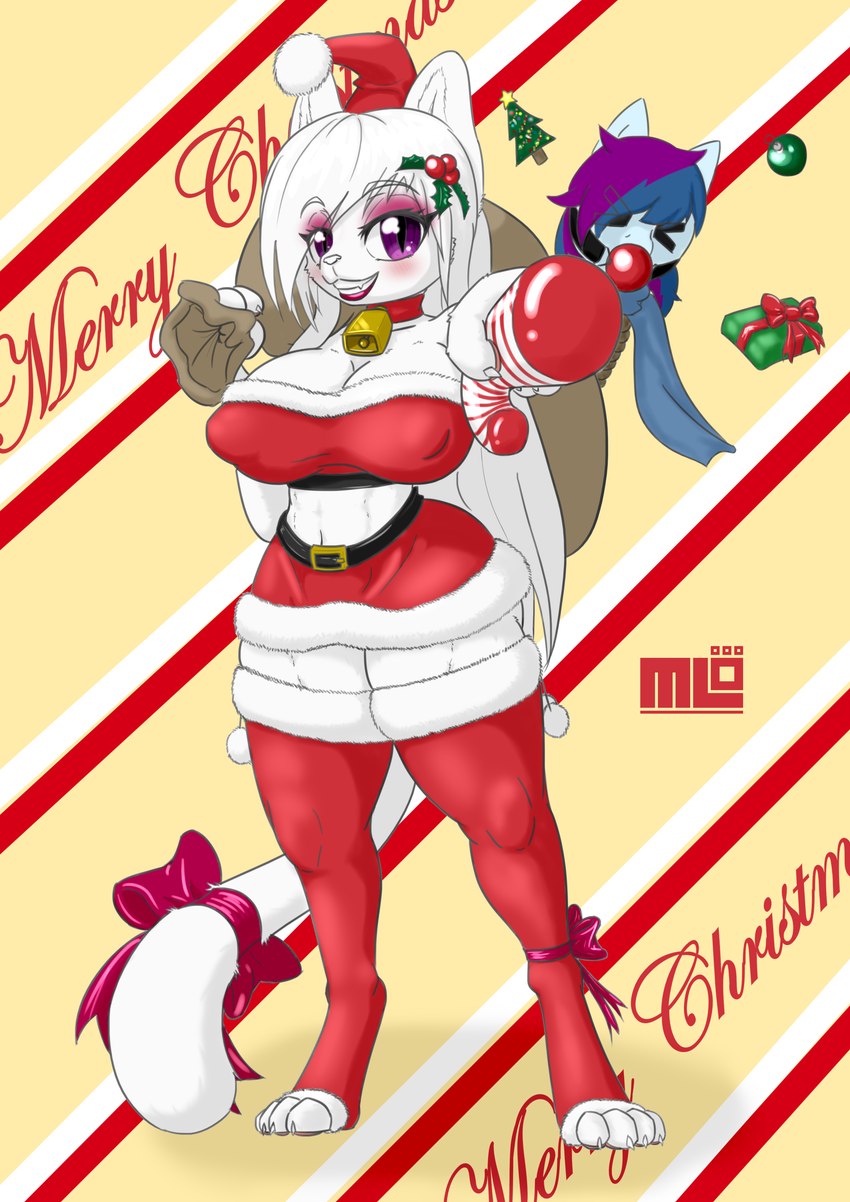 big_breasts bow_ribbon breasts clothing cocktail_dress exercise eyeshadow female footwear fur holidays jewelry legwear makeup necklace purple_eyes red_clothing red_legwear socks white_body white_fur mi_lan christmas crystal_eve_(oc) milan_(mi_lan) equid equine felid feline horse mammal pony absurd_res hi_res