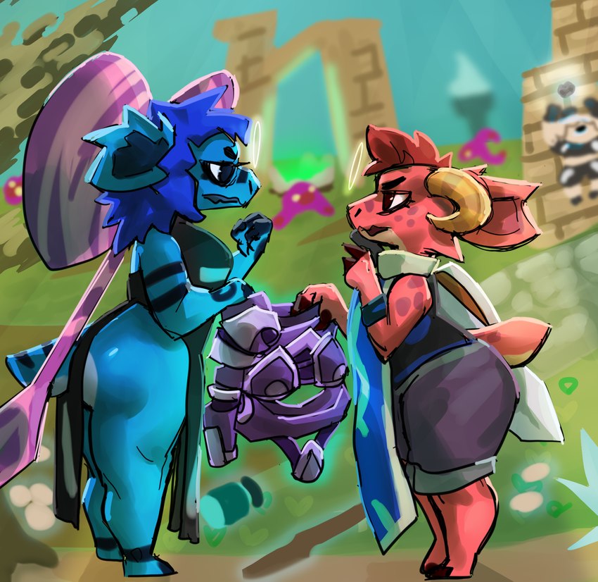 ambiguous_gender anthro blue_body blue_hair duo femboy hair horn male red_body short_stack simple_background spots thick_thighs lostwisdom atlyss kobold kubold_(atlyss) scalie 2024 digital_drawing_(artwork) digital_media_(artwork) hi_res