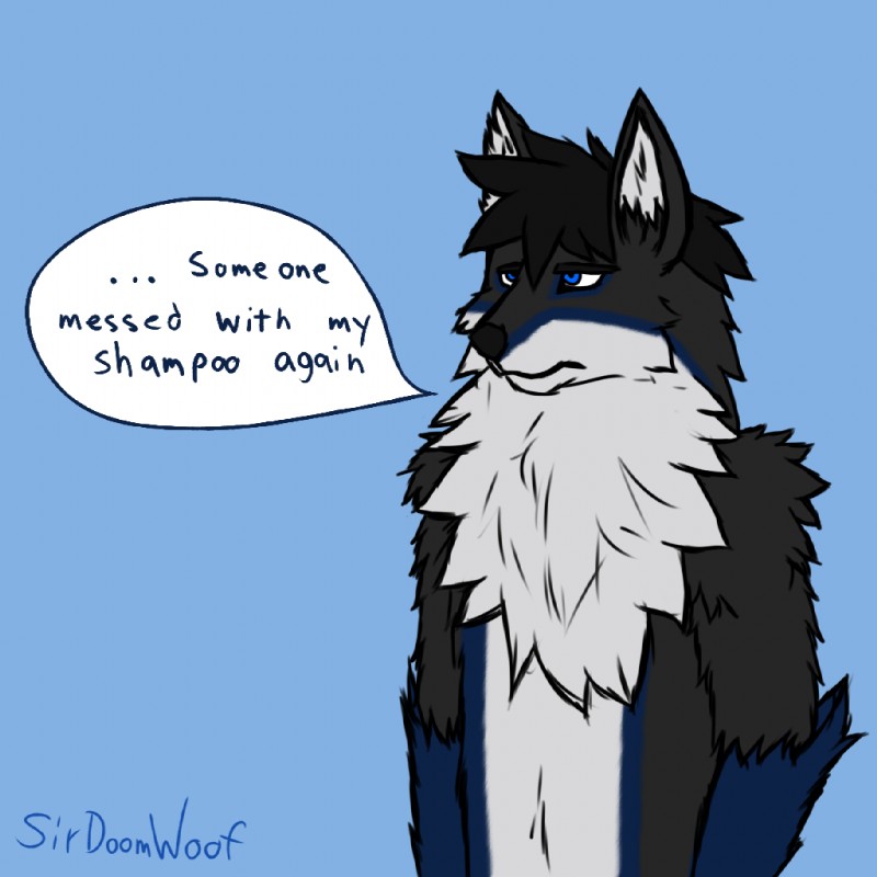 anthro blue_eyes chest_tuft dialogue fluffy fur fur_markings gloves_(marking) hair male markings simple_background solo text tuft white_body white_fur sirdoomwolf void_doomwolf canid canine canis mammal wolf 1:1 2019 digital_media_(artwork) english_text