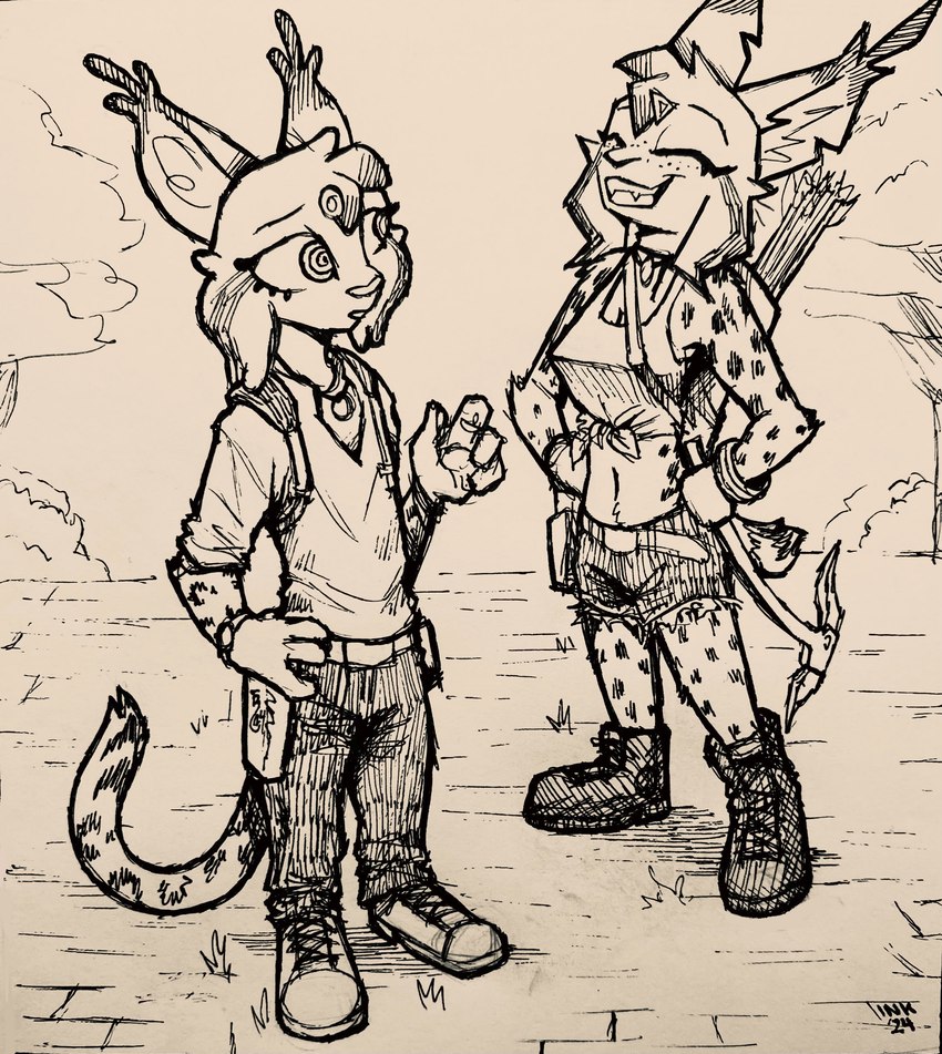 ambiguous_gender anthro clothed clothing duo eyes_closed female footwear fully_clothed fur grin midriff navel outside shoes smile spiral_eyes standing theblueberrycarrots inktober berry_(theblueberrycarrots) carrot_(theblueberrycarrots) marc_(theblueberrycarrots) felid feline lynx mammal 2024 absurd_res hi_res traditional_media_(artwork)