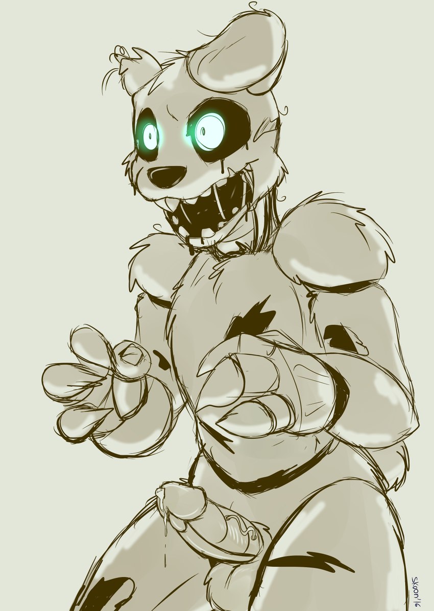 4_fingers anthro balls bodily_fluids erection fingers fur genital_fluids genitals glowing glowing_eyes grey_background humanoid_genitalia humanoid_penis machine male nude open_mouth penis precum robotic_penis simple_background solo teeth conditional_dnp skoon five_nights_at_freddy's five_nights_at_freddy's_3 scottgames springtrap_(fnaf) animatronic lagomorph leporid mammal robot 2016 digital_media_(artwork) hi_res signature