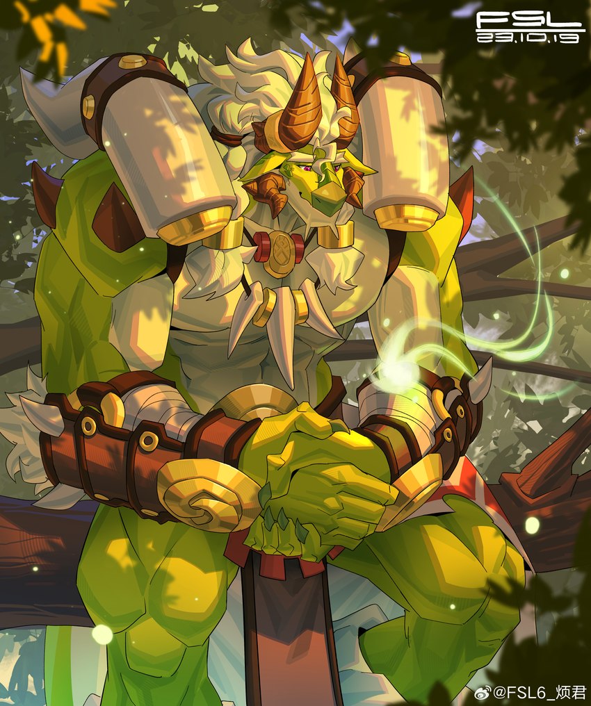 4_horns abs anthro arm_spikes armor biceps braided_hair branch breechcloth brown_horn claws deltoids facial_spikes finger_claws green_body green_scales hair hands_together horn horn_jewelry horn_ring in_tree jewelry leaf light logo magic male multi_horn muscular muscular_anthro muscular_male necklace pecs plant red_eyes ring_(jewelry) scales shoulder_spikes sitting sitting_in_tree sitting_on_branch solo spaulder spikes spikes_(anatomy) sunlight tail tree vambrace weibo_logo white_hair fansl mythology weibo morton_(fansl) dragon mythological_creature mythological_scalie reptile scalie 2023 absurd_res artist_logo dated hi_res