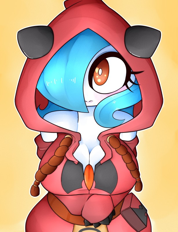 big_breasts blue_hair breasts cleavage clothed clothing female hair hoodie not_furry orange_eyes outline simple_background solo topwear yellow_background fullmetalpikmin nintendo pokemon team_magma fan_character gehenna gardevoir generation_3_pokemon pokemon_(species) shiny_pokemon 2019 absurd_res hi_res