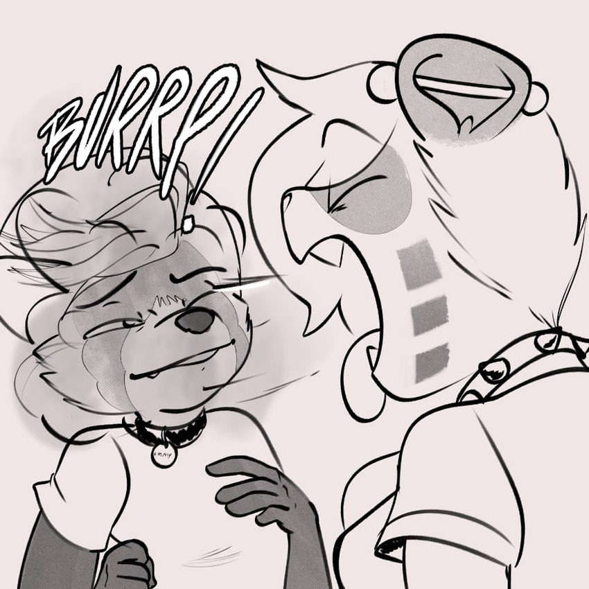 anthro biped burp_cloud burping burping_in_face clothed clothing collar duo ear_piercing female femboy hair male onomatopoeia open_mouth piercing simple_background sound_effects text white_background squealydealy breb_(tsavo) emmy_dook ailurid mammal red_panda 1:1 digital_media_(artwork) monochrome